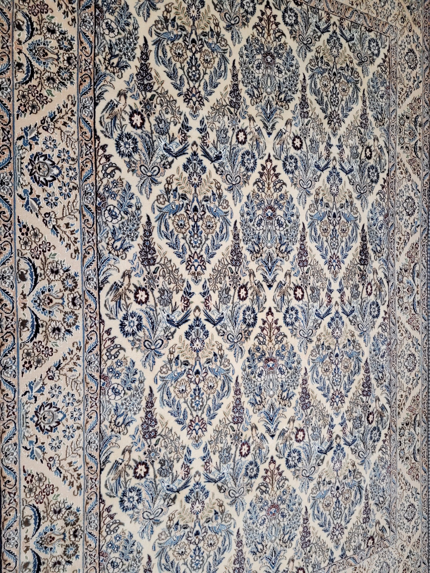 Nain Teppich 300x200 cm feine Korkwolle mit Seide – Vogel- und Blumenmotiv