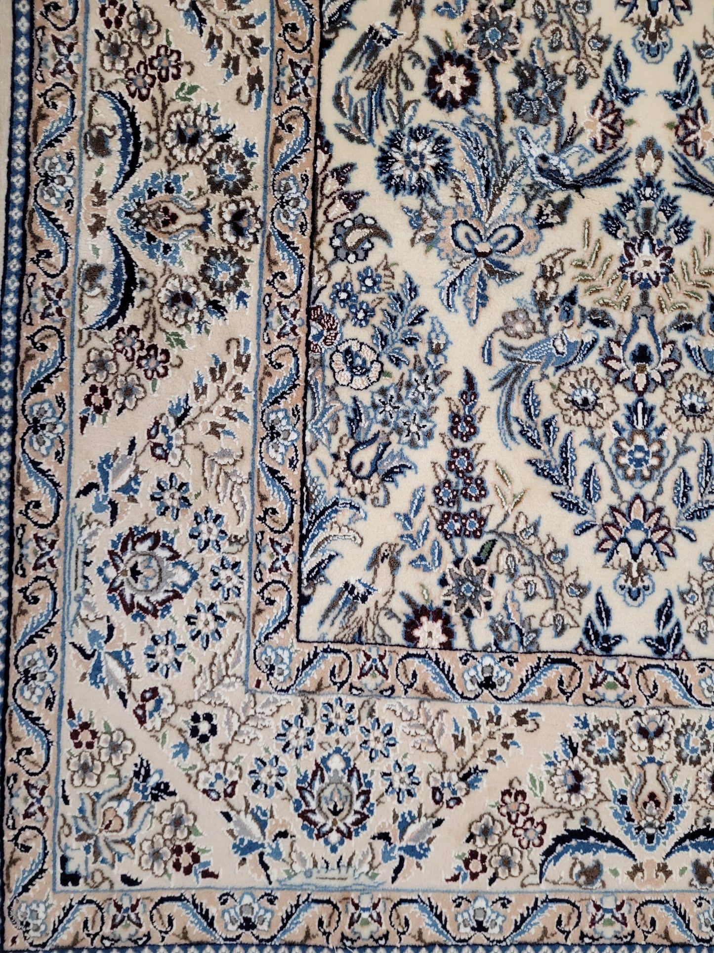 Nain Teppich 300x200 cm feine Korkwolle mit Seide – Vogel- und Blumenmotiv