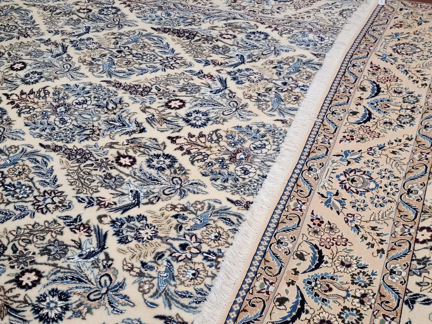 Nain Teppich 300x200 cm feine Korkwolle mit Seide – Vogel- und Blumenmotiv