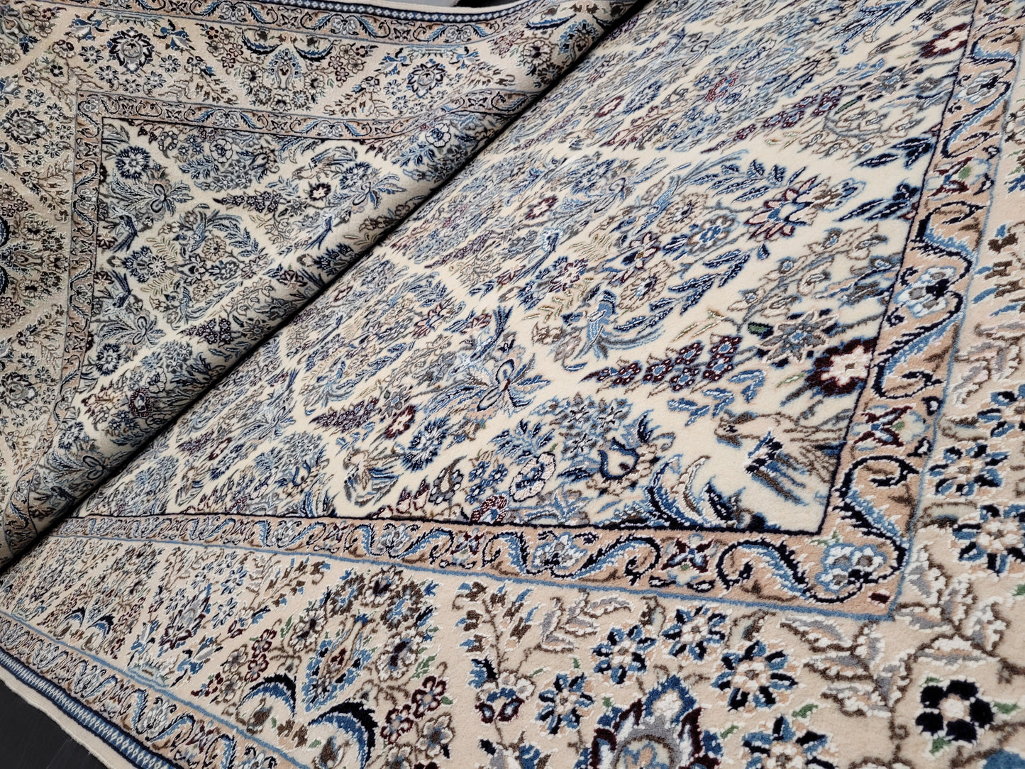 Nain Teppich 300x200 cm feine Korkwolle mit Seide – Vogel- und Blumenmotiv