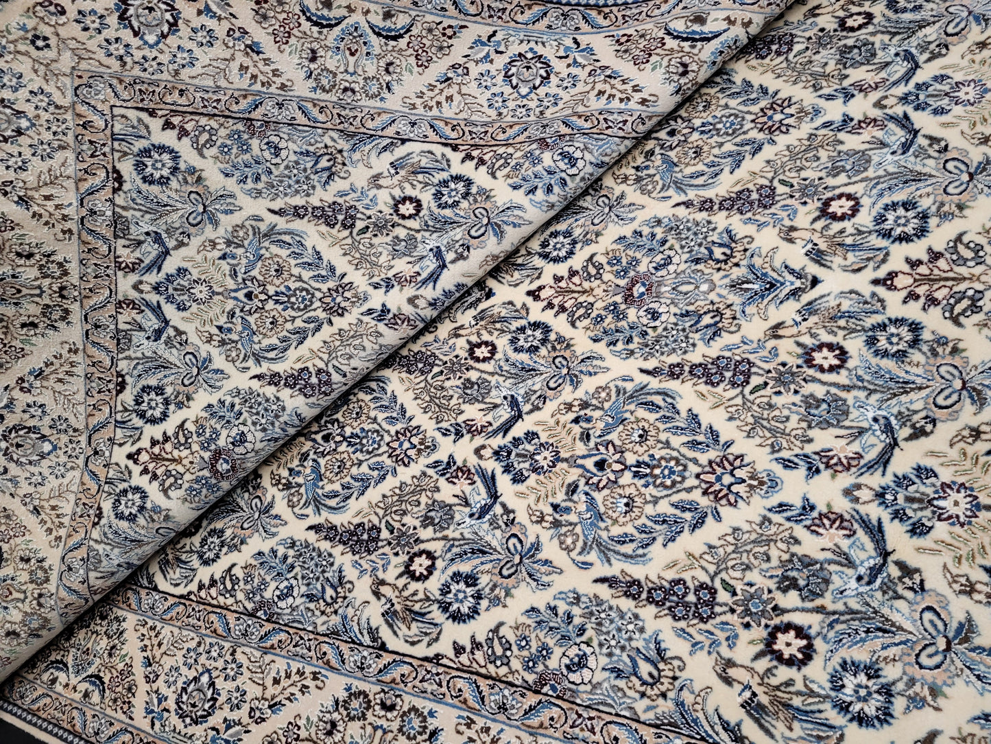 Nain Teppich 300x200 cm feine Korkwolle mit Seide – Vogel- und Blumenmotiv