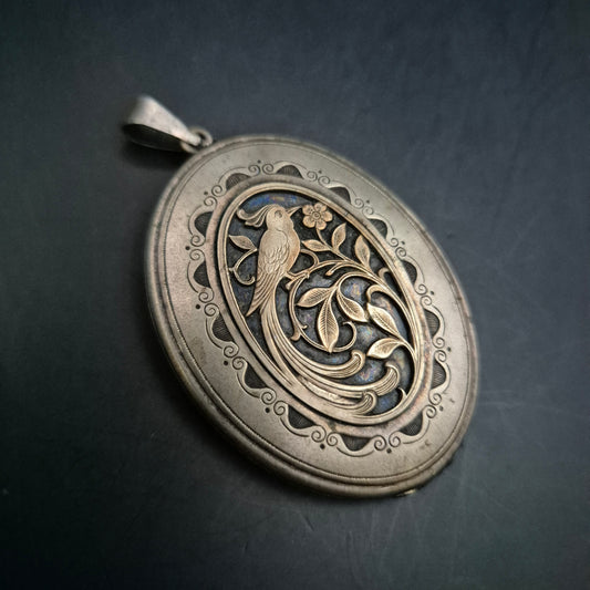 Antiker Medaillon Anhänger aus Silber – Vogelmotiv im Jugendstil