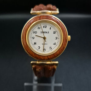 Dimpex Damen Uhr mit Holz-Akzenten und braunem Lederband