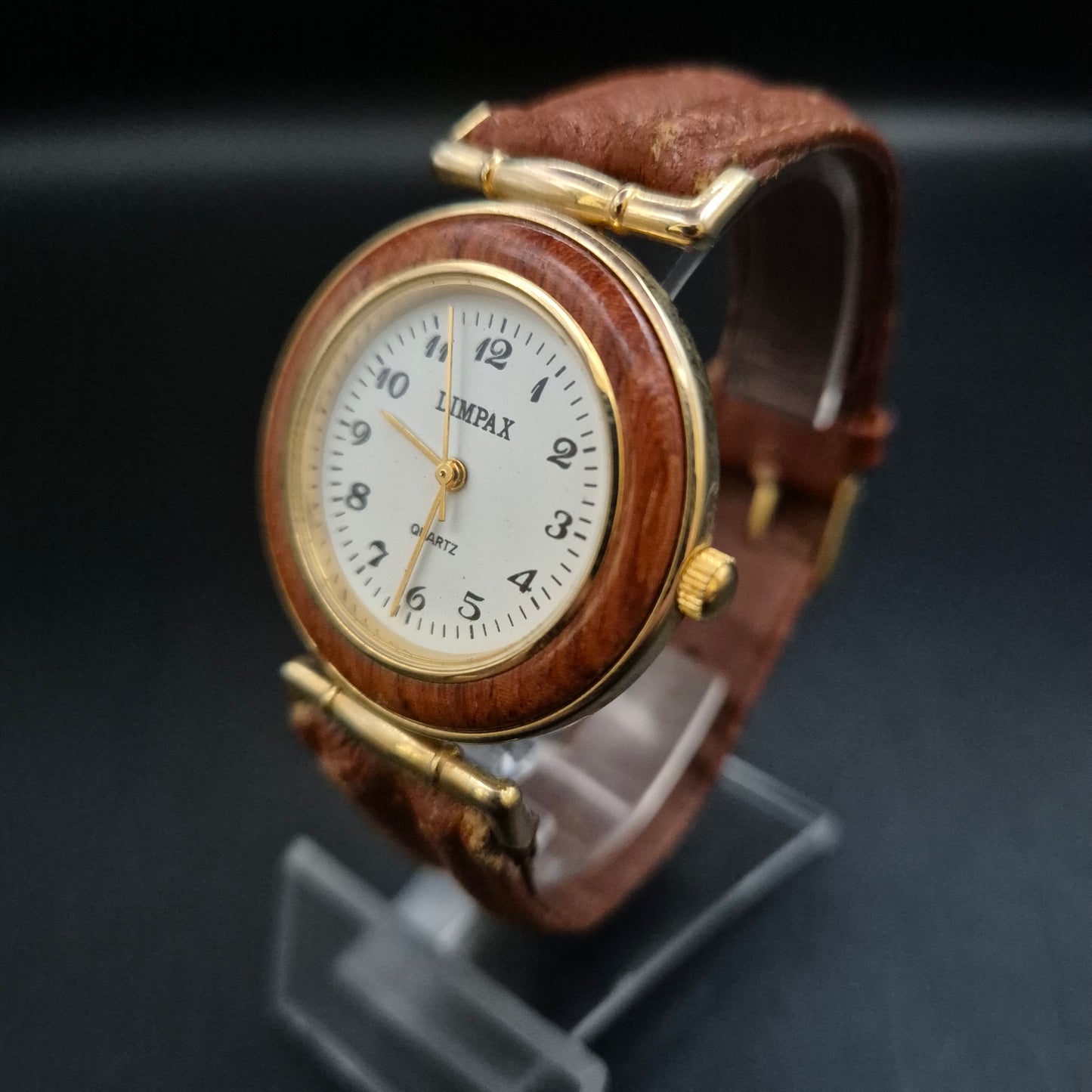 Dimpex Damen Uhr mit Holz-Akzenten und braunem Lederband