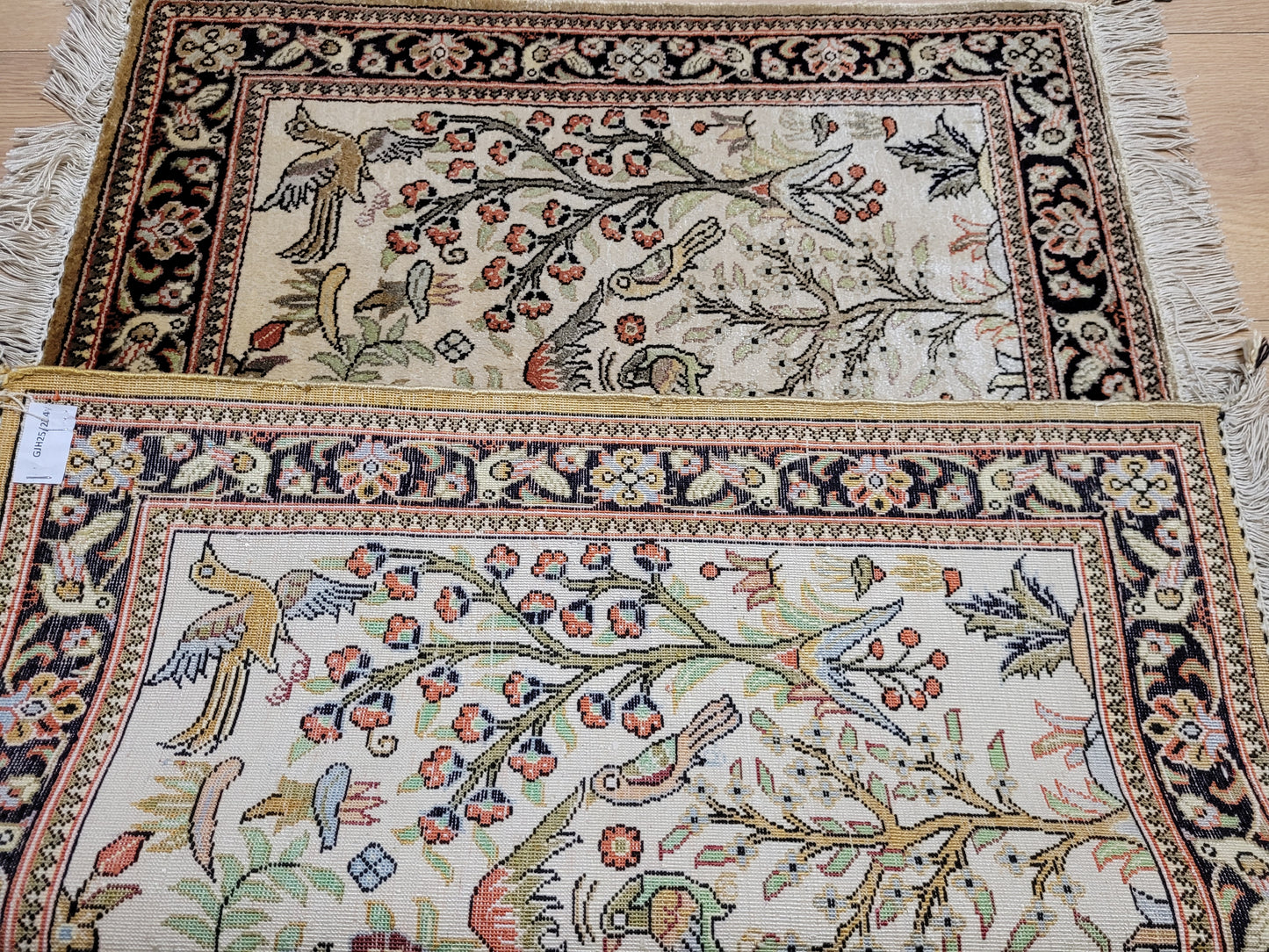 Ghom Seidenteppich florales Vogelmotiv feine Knüpfung 79x57 cm