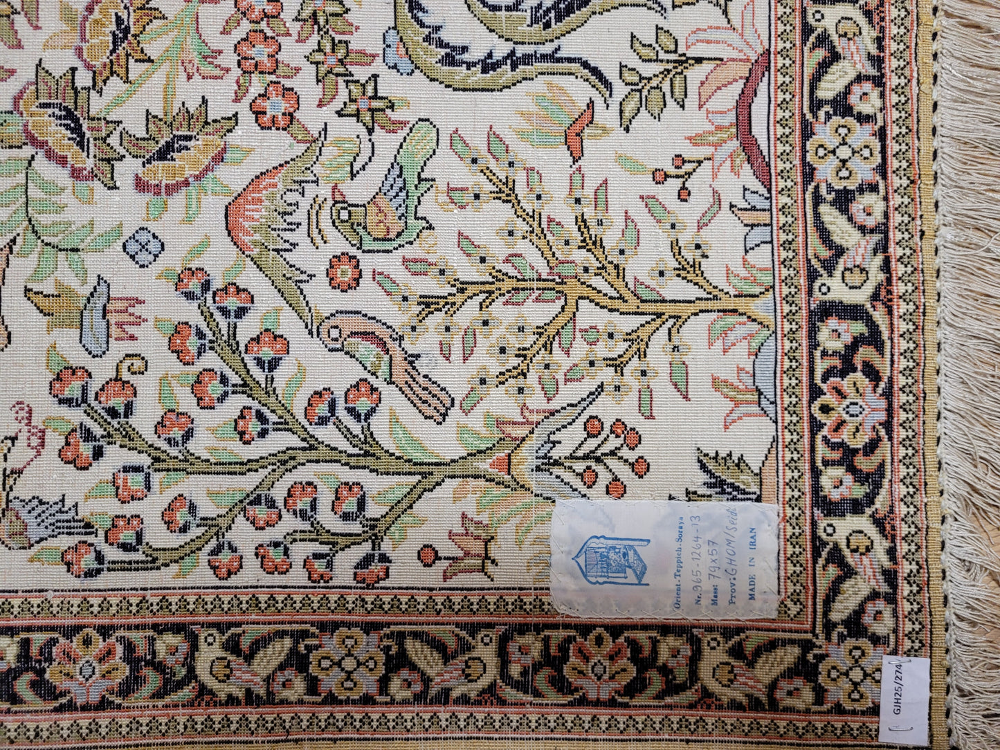 Ghom Seidenteppich florales Vogelmotiv feine Knüpfung 79x57 cm