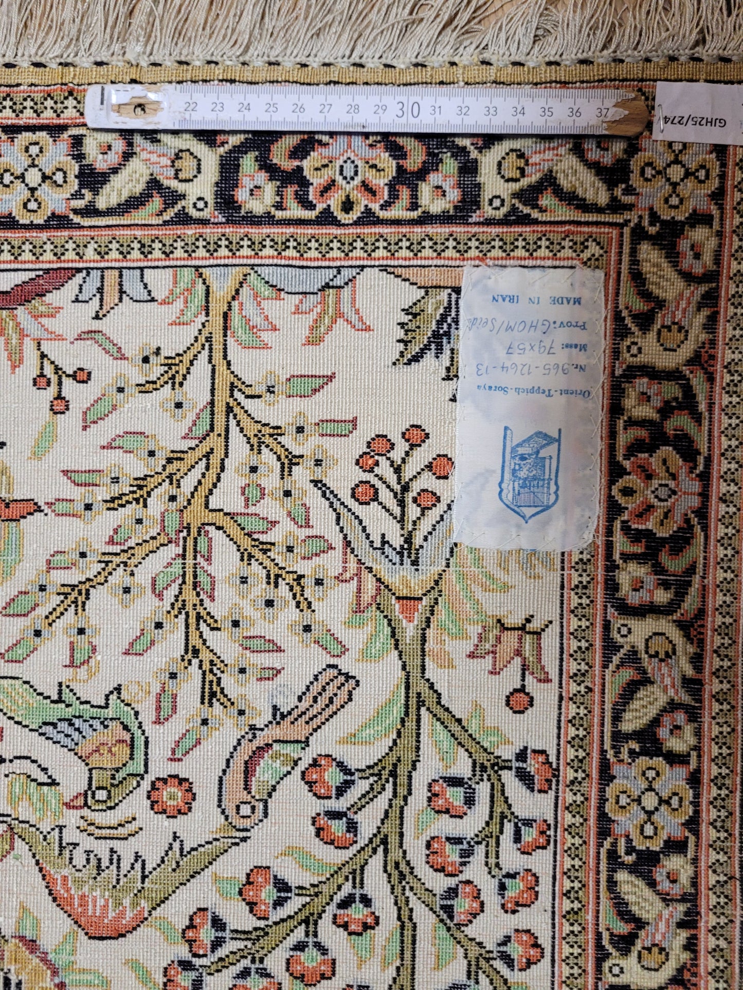 Ghom Seidenteppich florales Vogelmotiv feine Knüpfung 79x57 cm