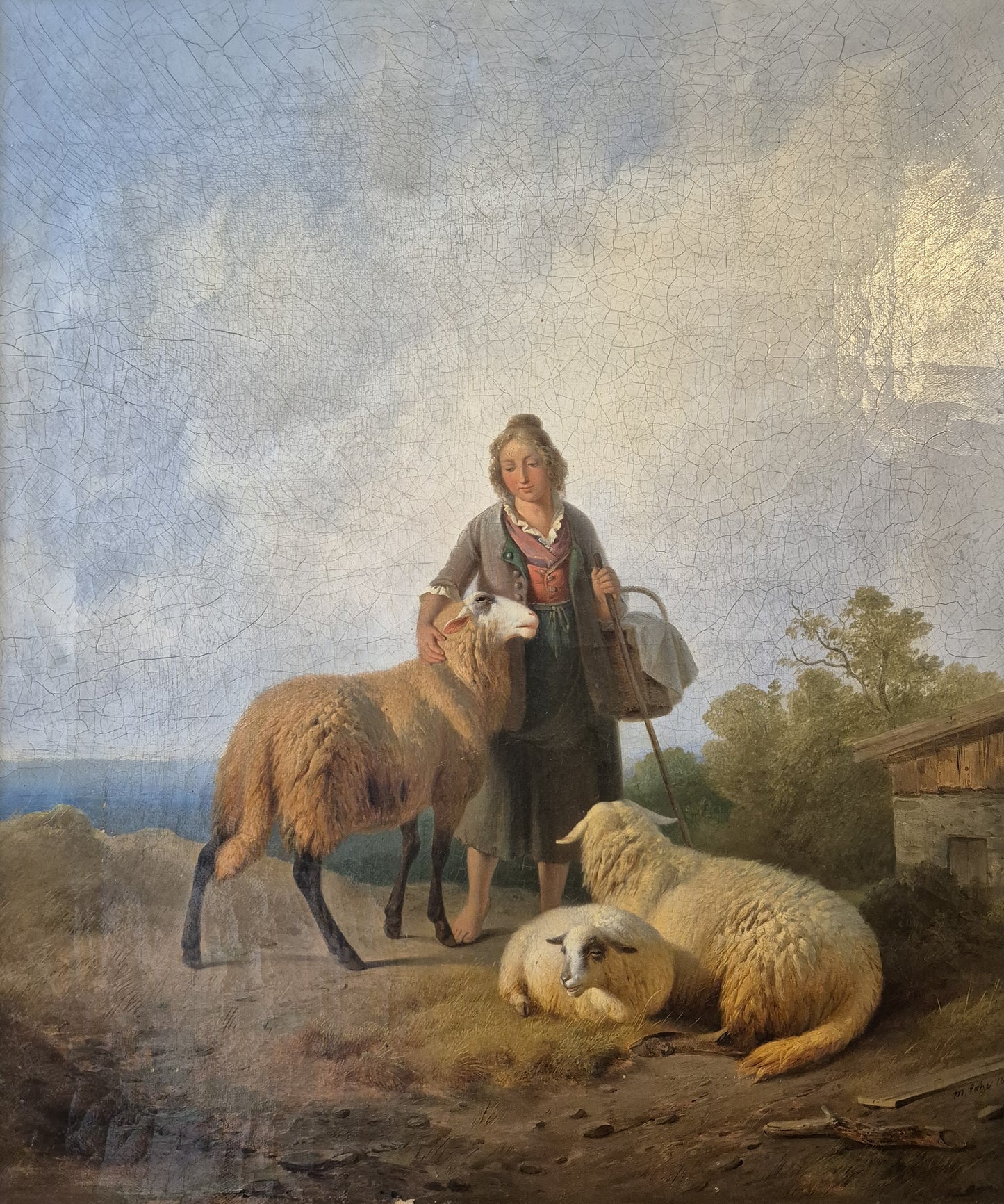 Moritz Eduard Lotze (1809-1890) Ölgemälde Bayerische Schäferin 62×54cm