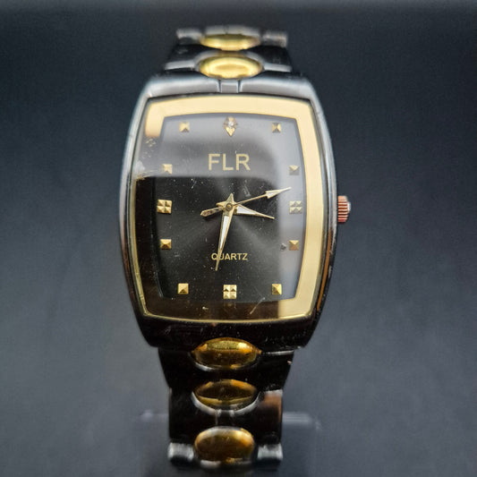 FLR Damen Uhr – Extravagantes Schwarz-Gold Bicolor Quarz