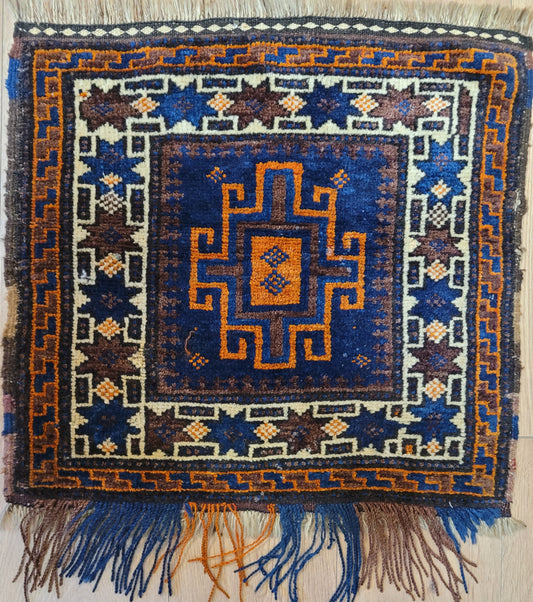 Belutsch Teppich antik geometrisch blau orange 56×60 cm