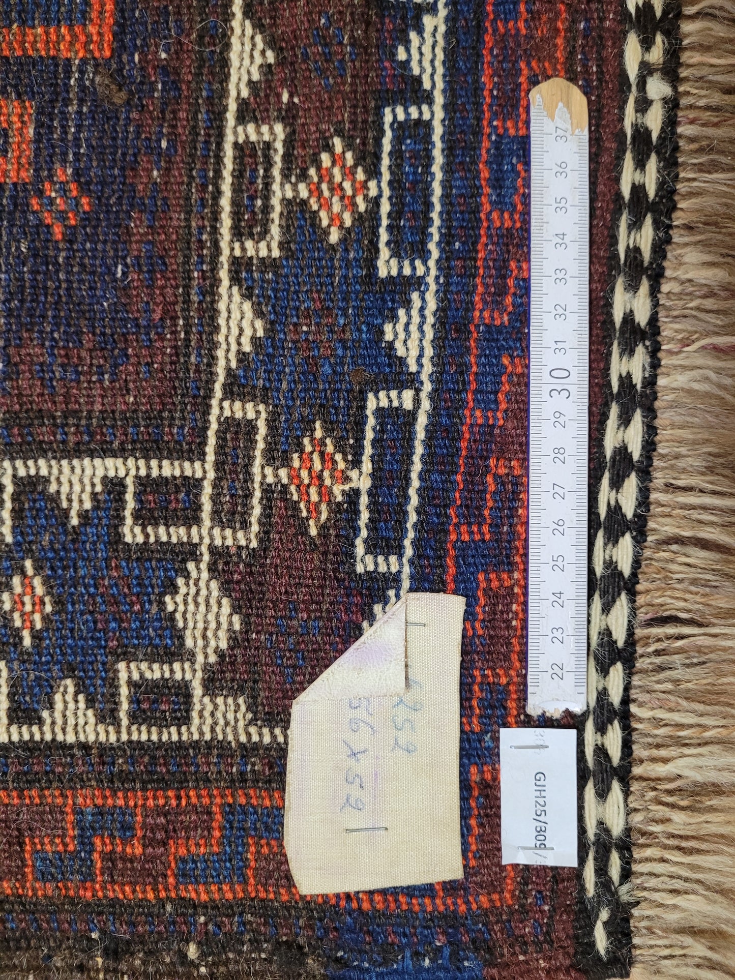 Belutsch Teppich antik geometrisch blau orange 56×60 cm