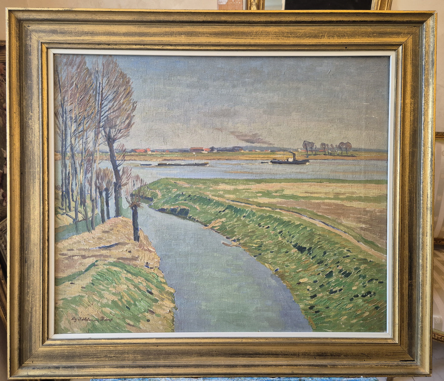 Ölgemälde Rheinufer Düsseldorf Fritz Köhler (1887-1972) Landschaft 63x73cm