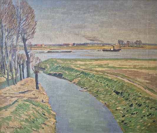 Ölgemälde Rheinufer Düsseldorf Fritz Köhler (1887-1972) Landschaft 63x73cm