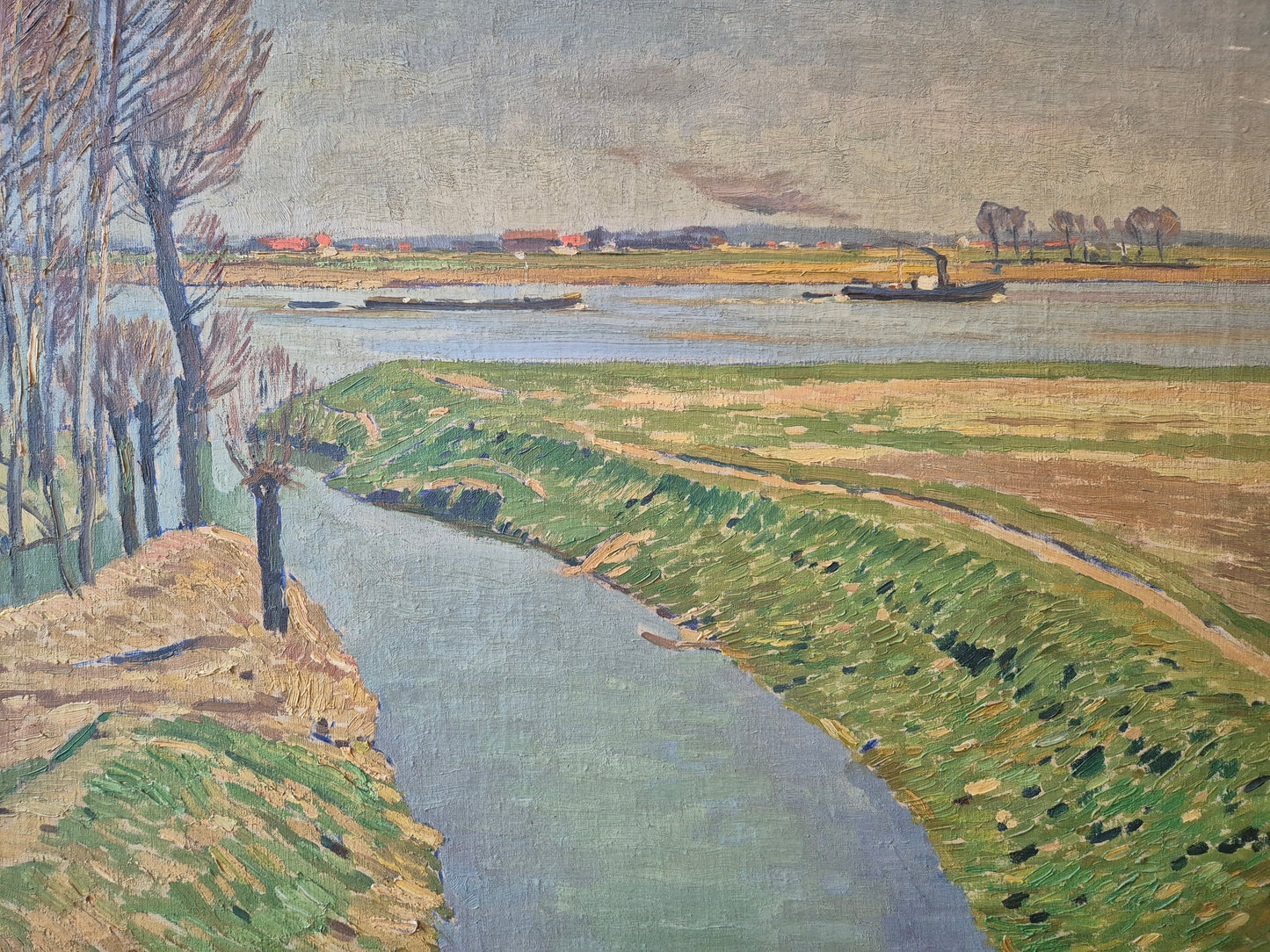 Ölgemälde Rheinufer Düsseldorf Fritz Köhler (1887-1972) Landschaft 63x73cm