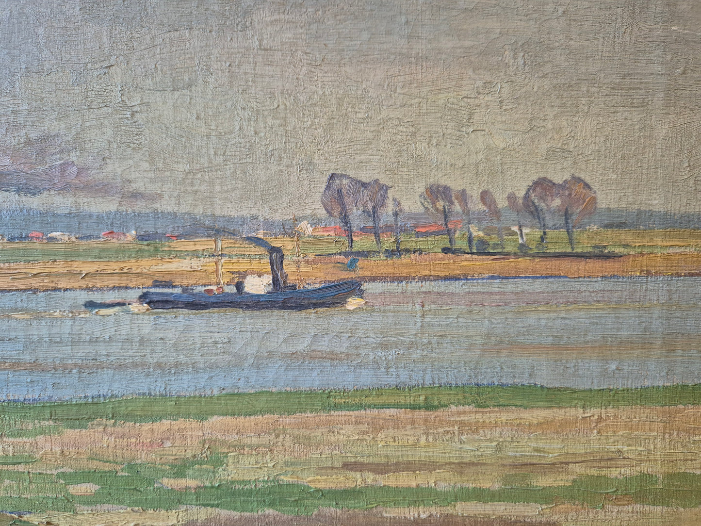 Ölgemälde Rheinufer Düsseldorf Fritz Köhler (1887-1972) Landschaft 63x73cm
