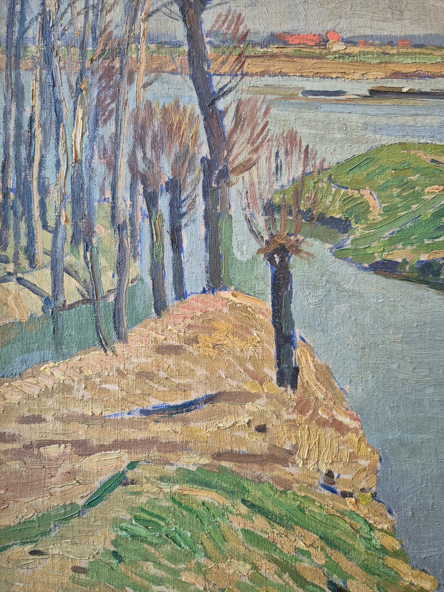 Ölgemälde Rheinufer Düsseldorf Fritz Köhler (1887-1972) Landschaft 63x73cm