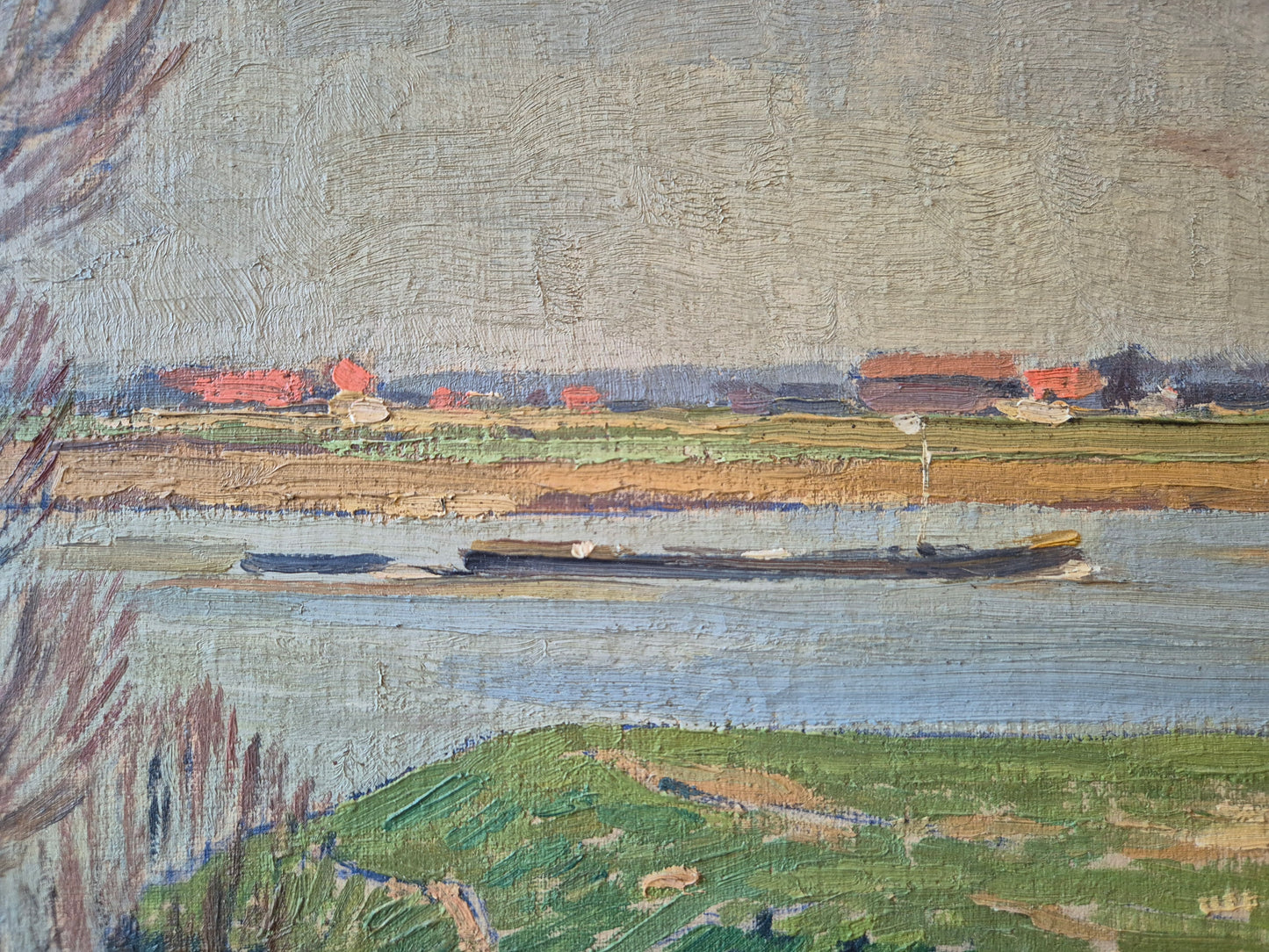 Ölgemälde Rheinufer Düsseldorf Fritz Köhler (1887-1972) Landschaft 63x73cm