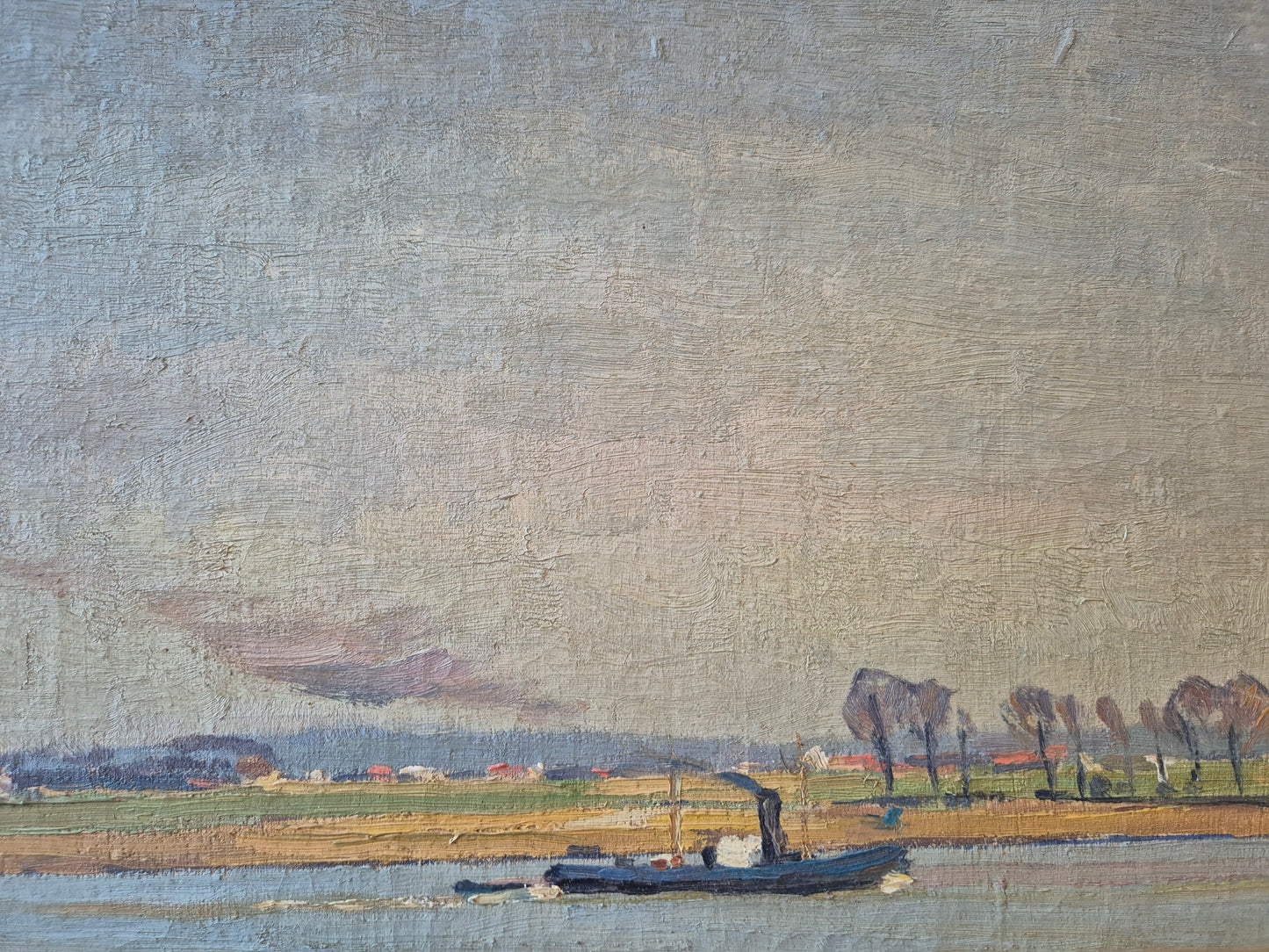 Ölgemälde Rheinufer Düsseldorf Fritz Köhler (1887-1972) Landschaft 63x73cm