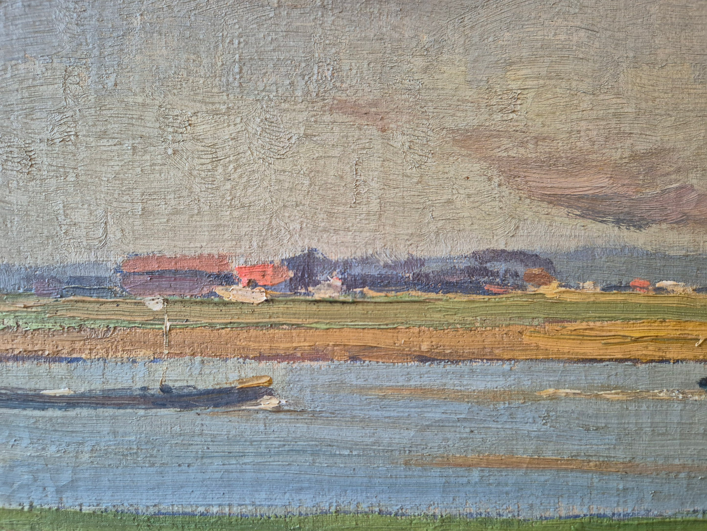Ölgemälde Rheinufer Düsseldorf Fritz Köhler (1887-1972) Landschaft 63x73cm