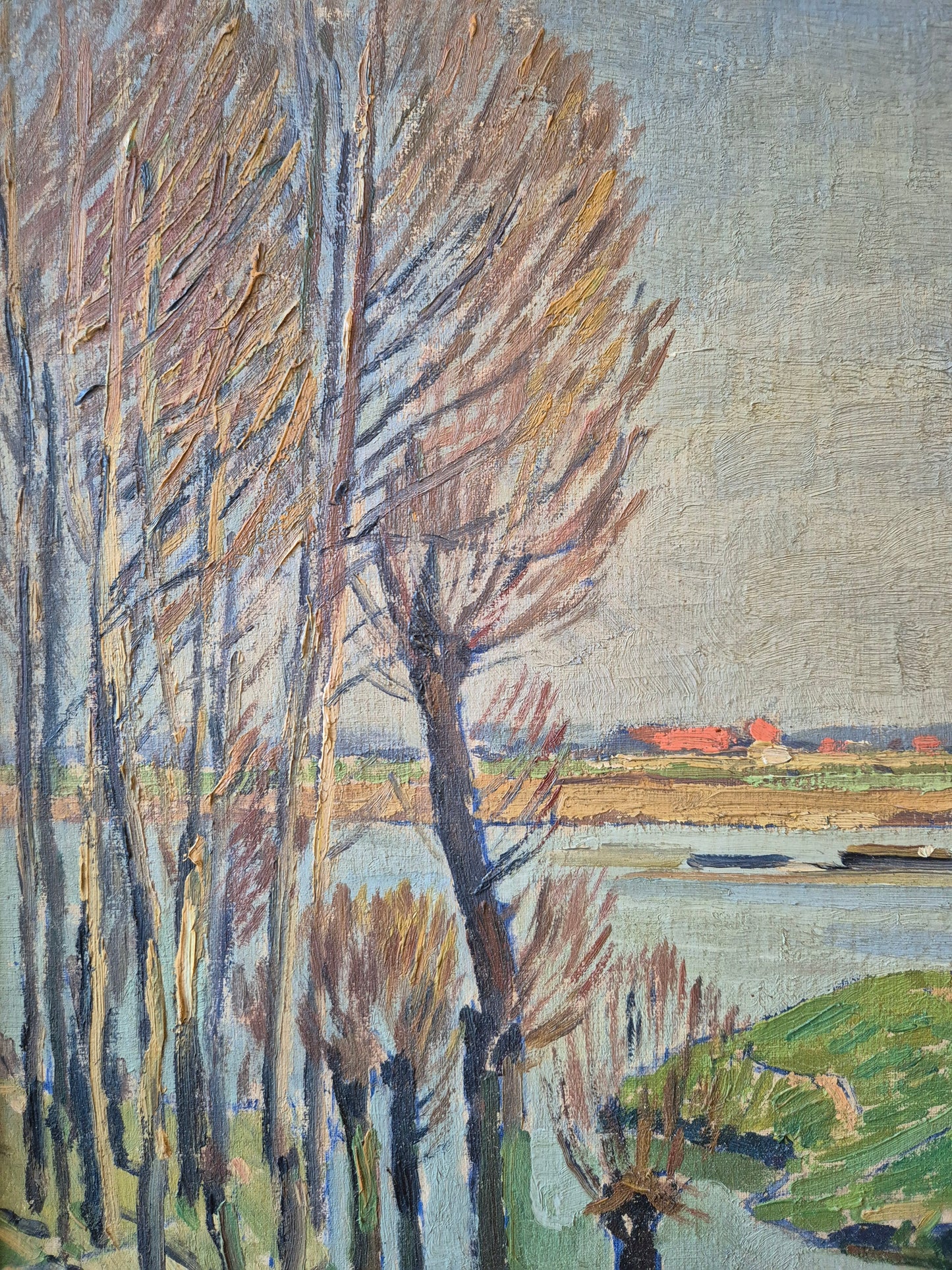 Ölgemälde Rheinufer Düsseldorf Fritz Köhler (1887-1972) Landschaft 63x73cm