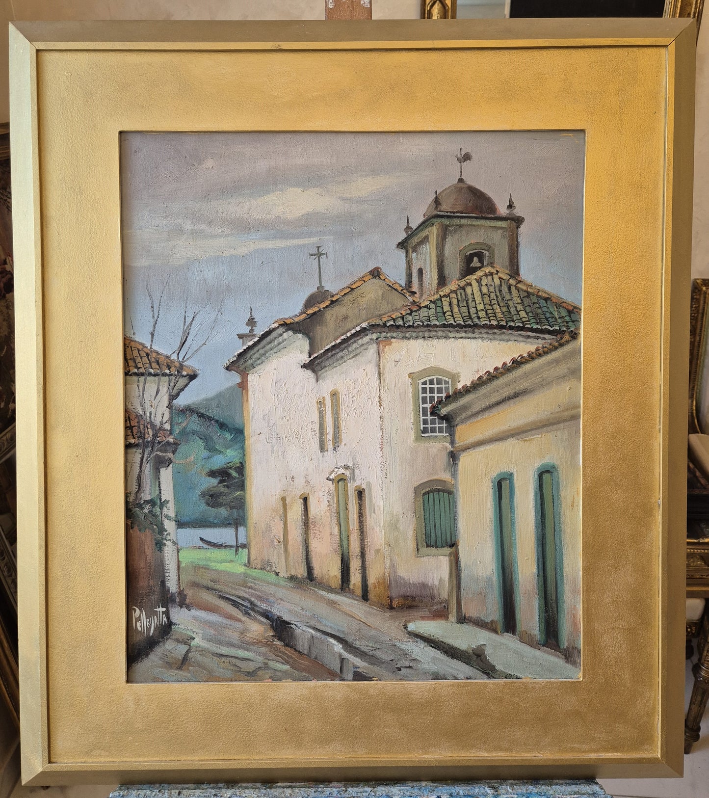 Ölgemälde Landschaft Brasilien Omar Pellegatta (1925-2001) Dorfkirche 78x68