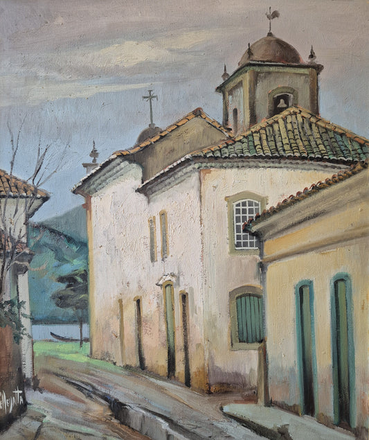 Ölgemälde Landschaft Brasilien Omar Pellegatta (1925-2001) Dorfkirche 78x68