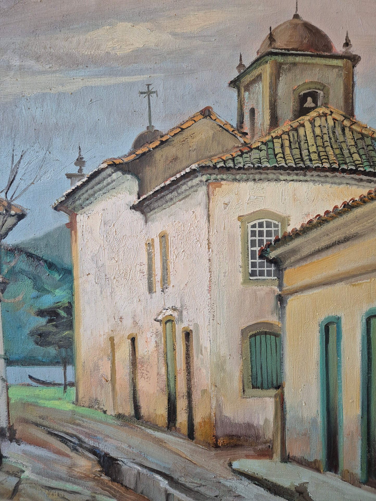 Ölgemälde Landschaft Brasilien Omar Pellegatta (1925-2001) Dorfkirche 78x68