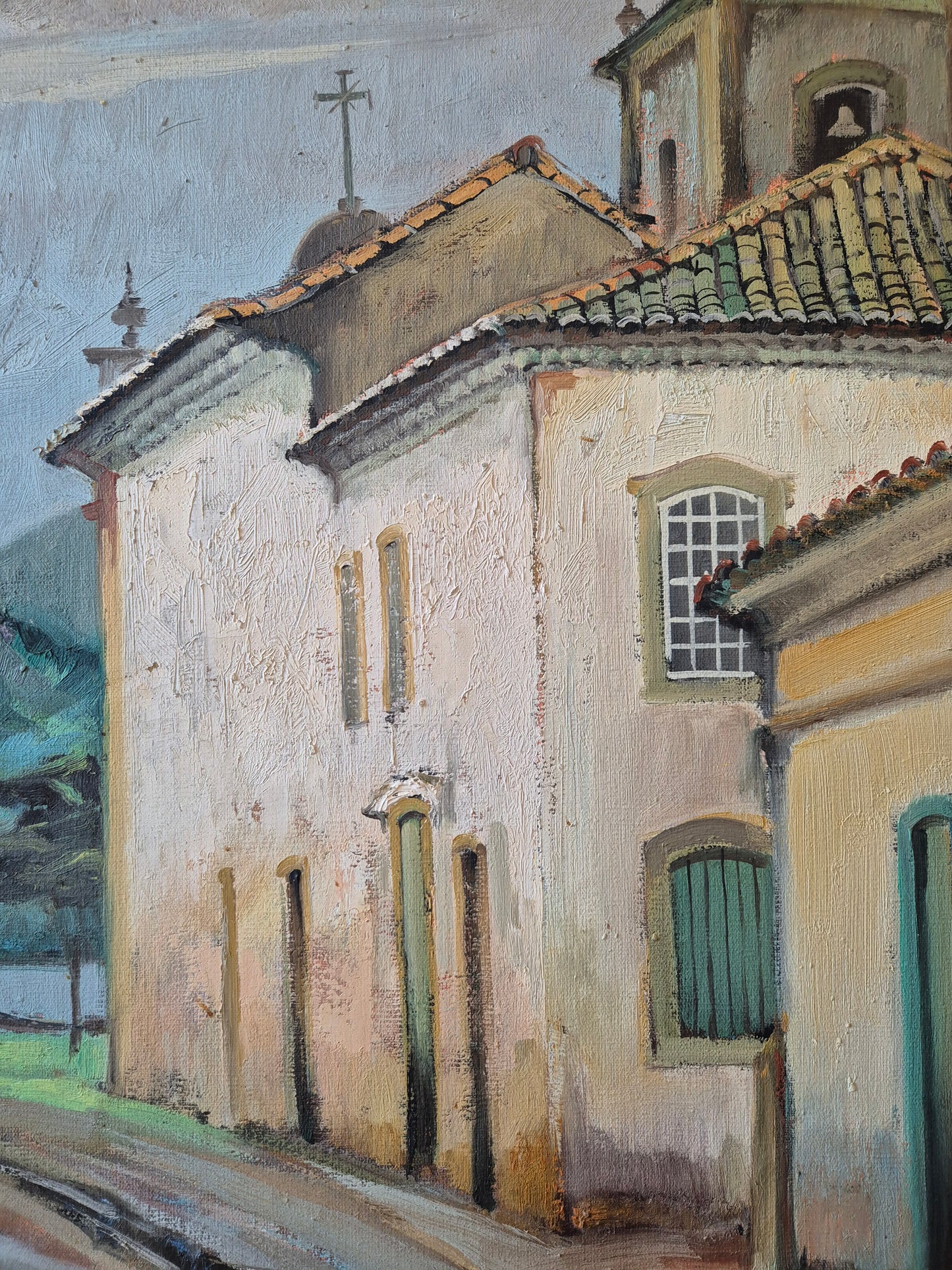 Ölgemälde Landschaft Brasilien Omar Pellegatta (1925-2001) Dorfkirche 78x68