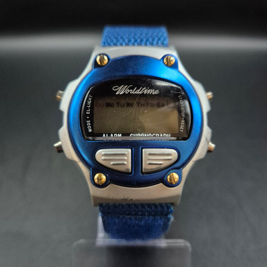 Sportliche Worldtime Herren Uhr – Digitaluhr mit blauem Stoffarmband