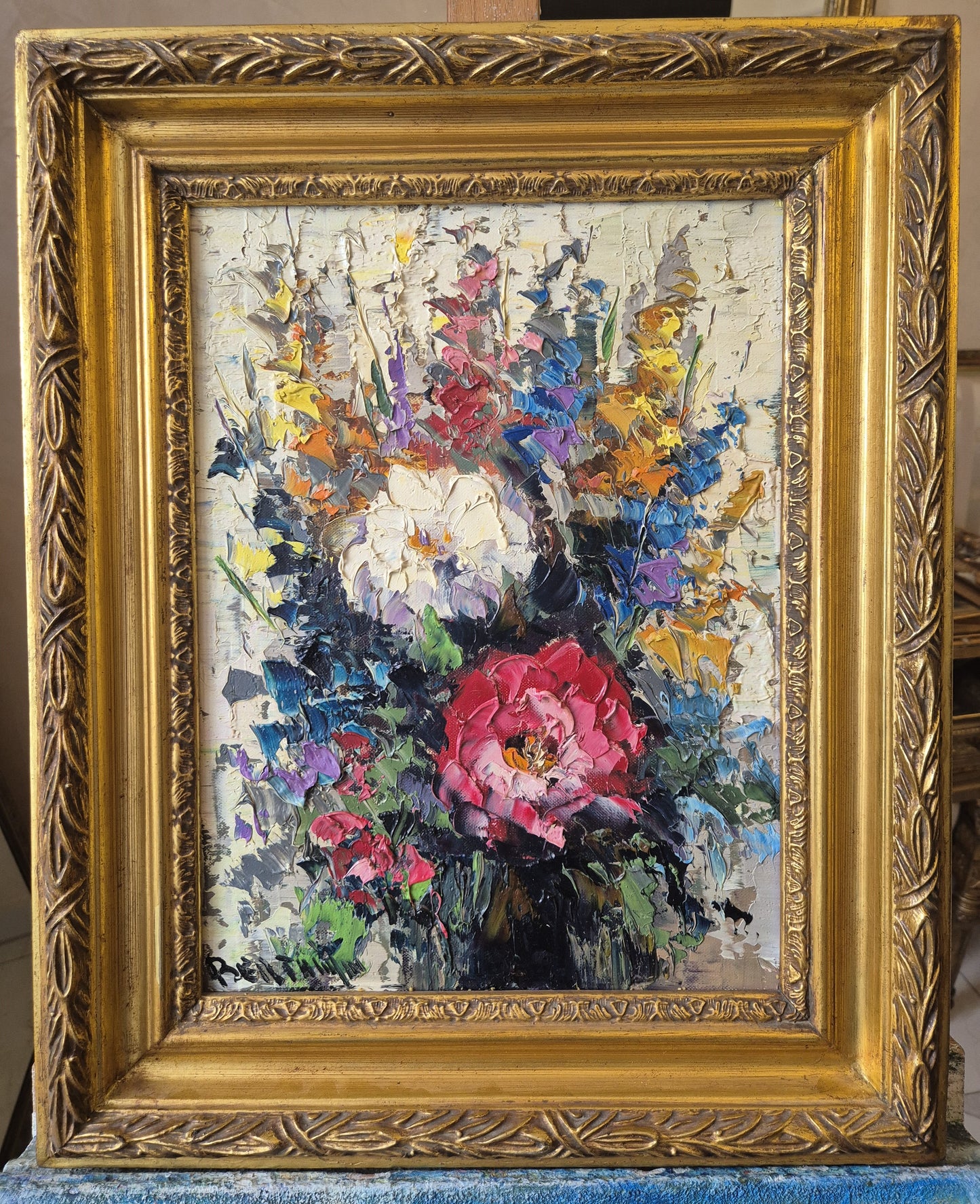 Ölgemälde Stillleben Blumen Genevieve Berthiyn (XX) Gerahmt 55x45cm