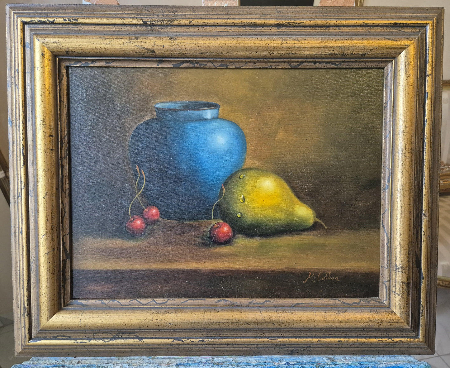 Ölgemälde Stillleben Früchte Krug K. Cotton (XX) Gerahmt 44x54cm