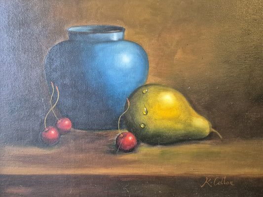 Ölgemälde Stillleben Früchte Krug K. Cotton (XX) Gerahmt 44x54cm