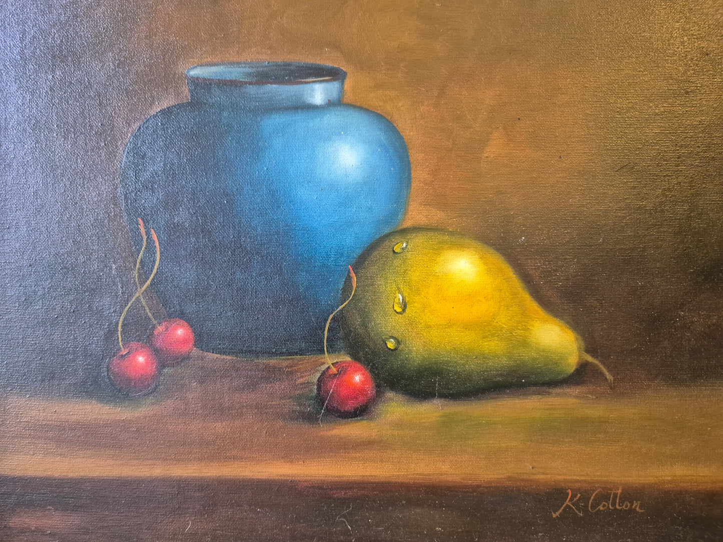 Ölgemälde Stillleben Früchte Krug K. Cotton (XX) Gerahmt 44x54cm