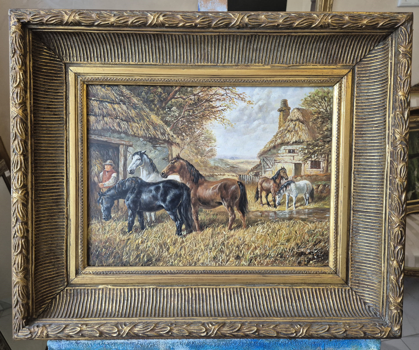Ölgemälde Tiere Pferde Stall Europäische Schule (XX) Landschaft 48x58cm