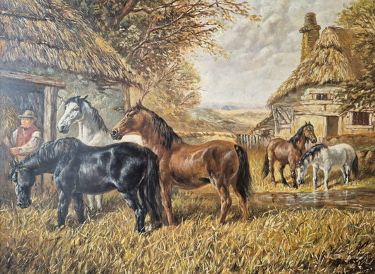 Ölgemälde Tiere Pferde Stall Europäische Schule (XX) Landschaft 48x58cm