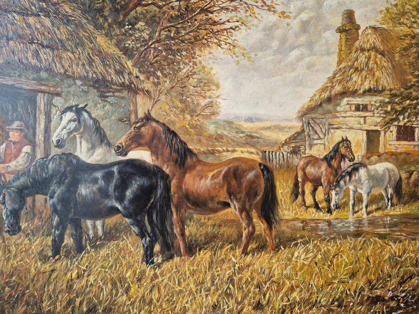 Ölgemälde Tiere Pferde Stall Europäische Schule (XX) Landschaft 48x58cm