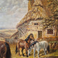 Ölgemälde Tiere Pferde Stall Europäische Schule (XX) Landschaft 48x58cm
