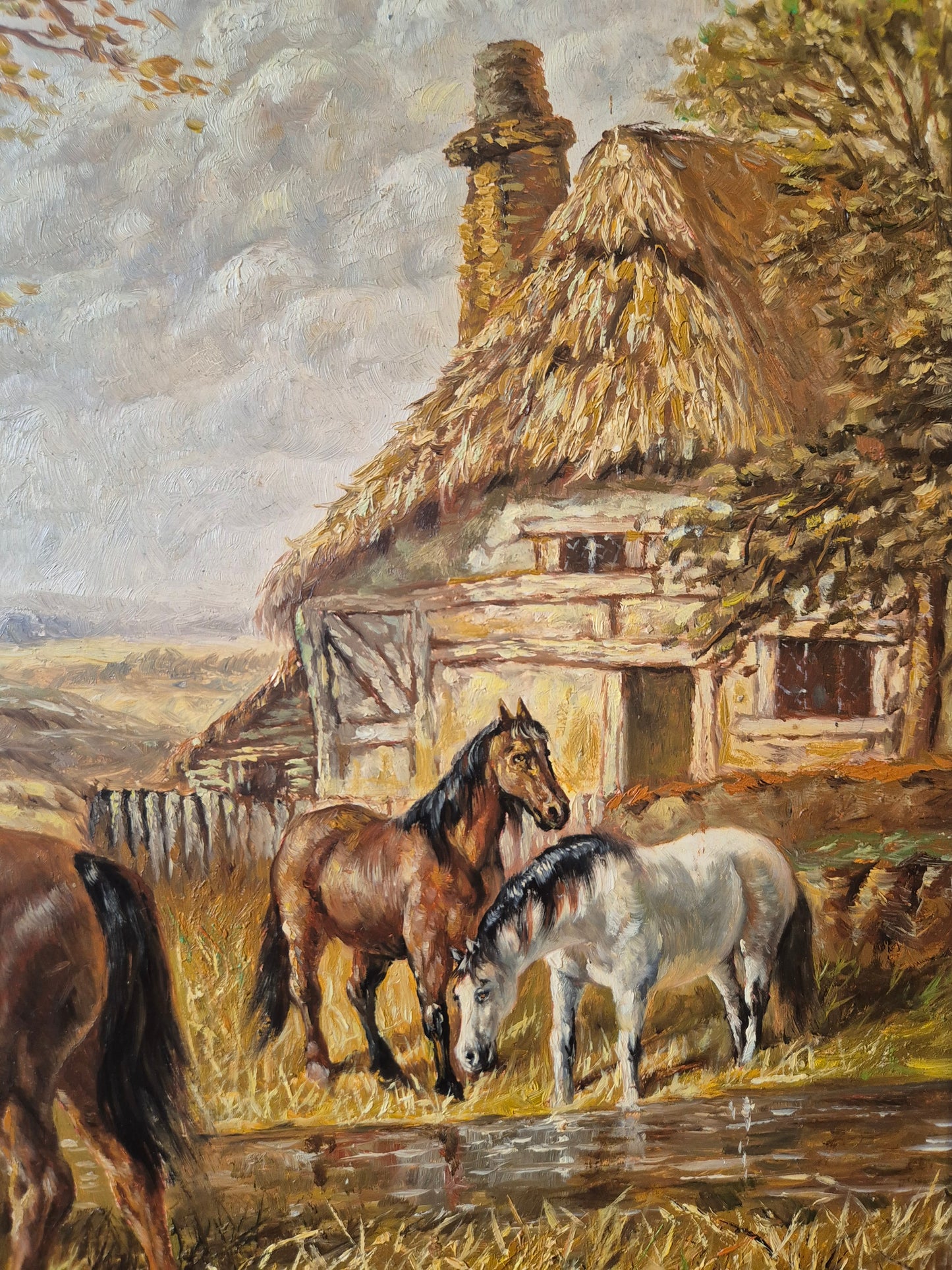 Ölgemälde Tiere Pferde Stall Europäische Schule (XX) Landschaft 48x58cm