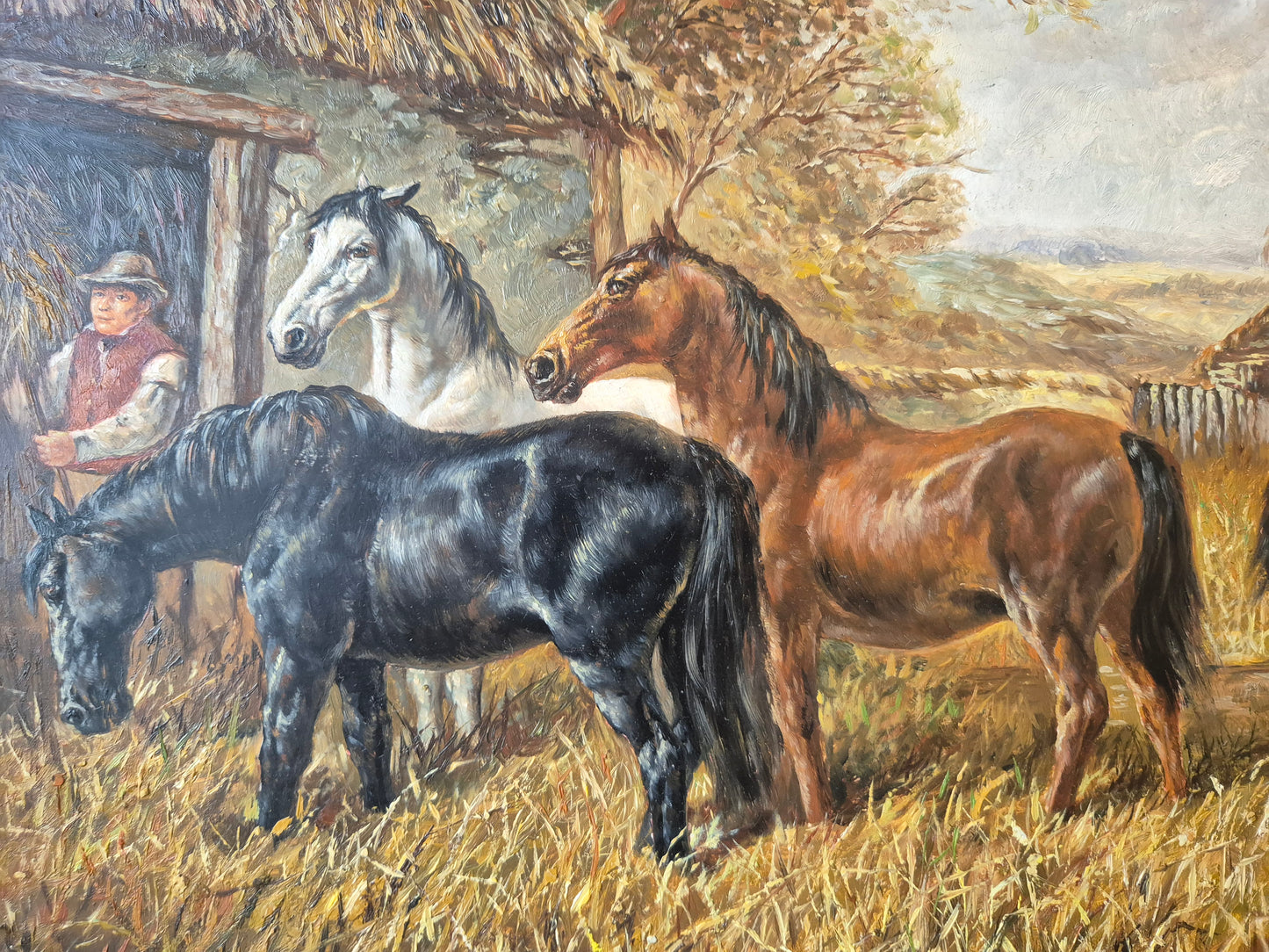 Ölgemälde Tiere Pferde Stall Europäische Schule (XX) Landschaft 48x58cm