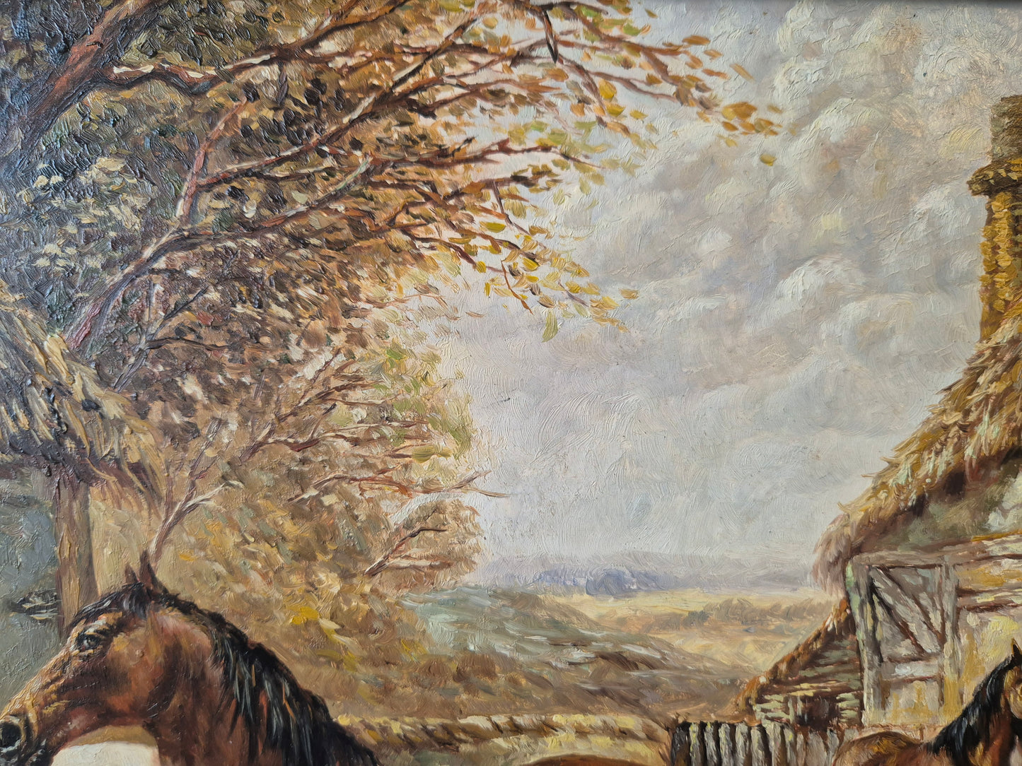 Ölgemälde Tiere Pferde Stall Europäische Schule (XX) Landschaft 48x58cm