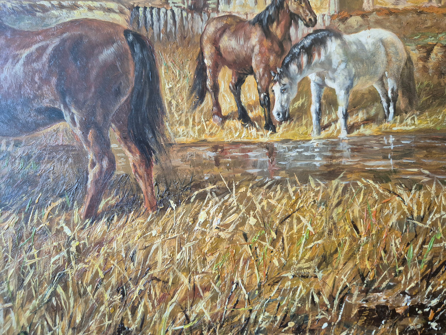 Ölgemälde Tiere Pferde Stall Europäische Schule (XX) Landschaft 48x58cm