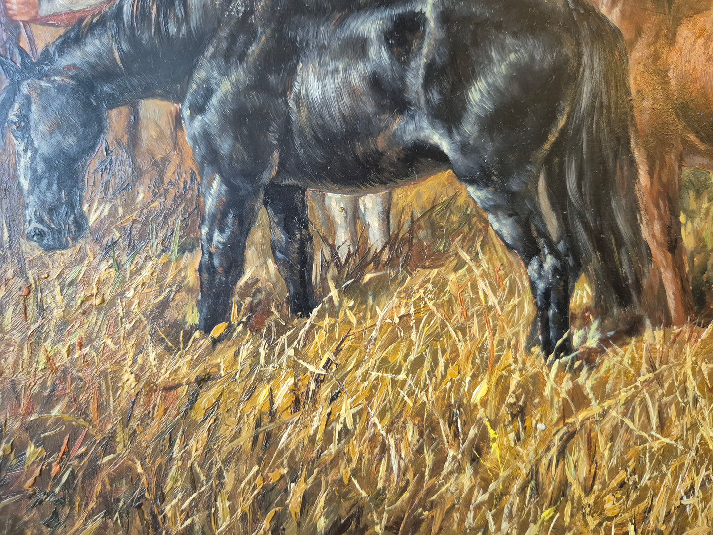 Ölgemälde Tiere Pferde Stall Europäische Schule (XX) Landschaft 48x58cm