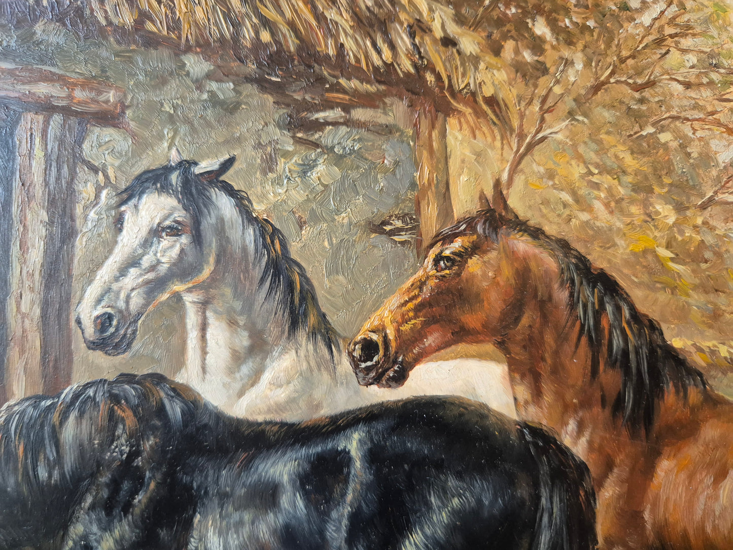 Ölgemälde Tiere Pferde Stall Europäische Schule (XX) Landschaft 48x58cm