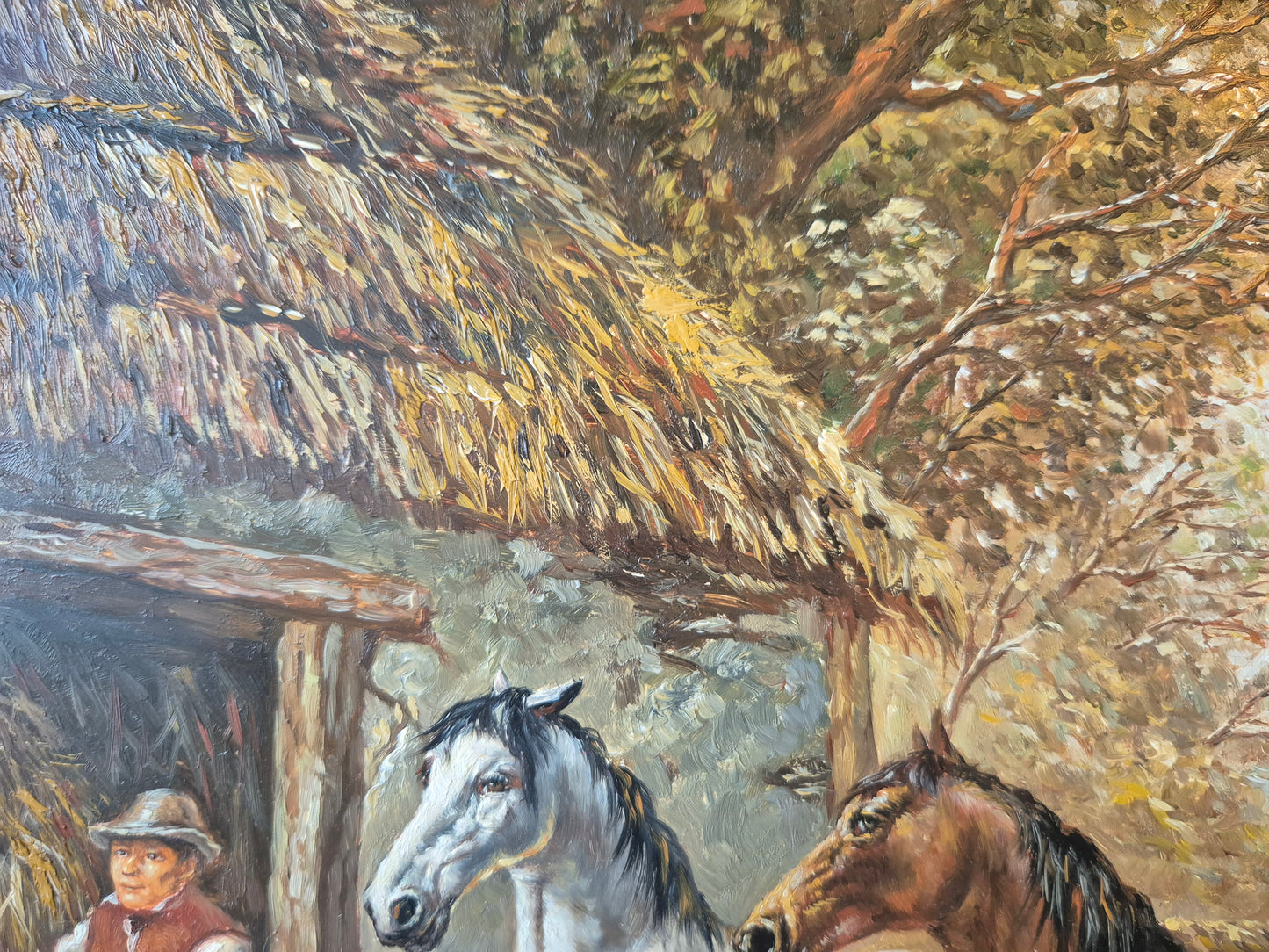 Ölgemälde Tiere Pferde Stall Europäische Schule (XX) Landschaft 48x58cm