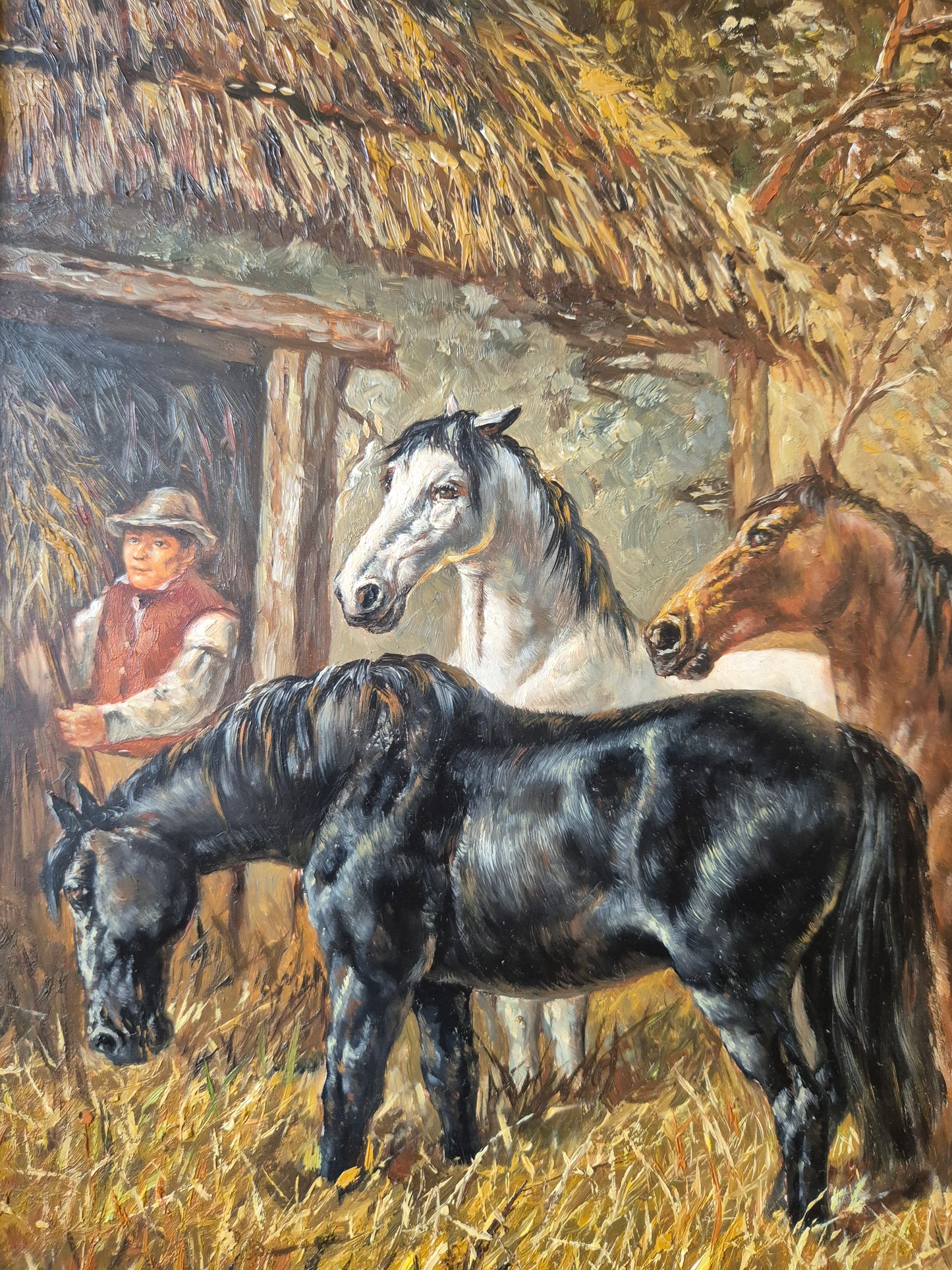 Ölgemälde Tiere Pferde Stall Europäische Schule (XX) Landschaft 48x58cm