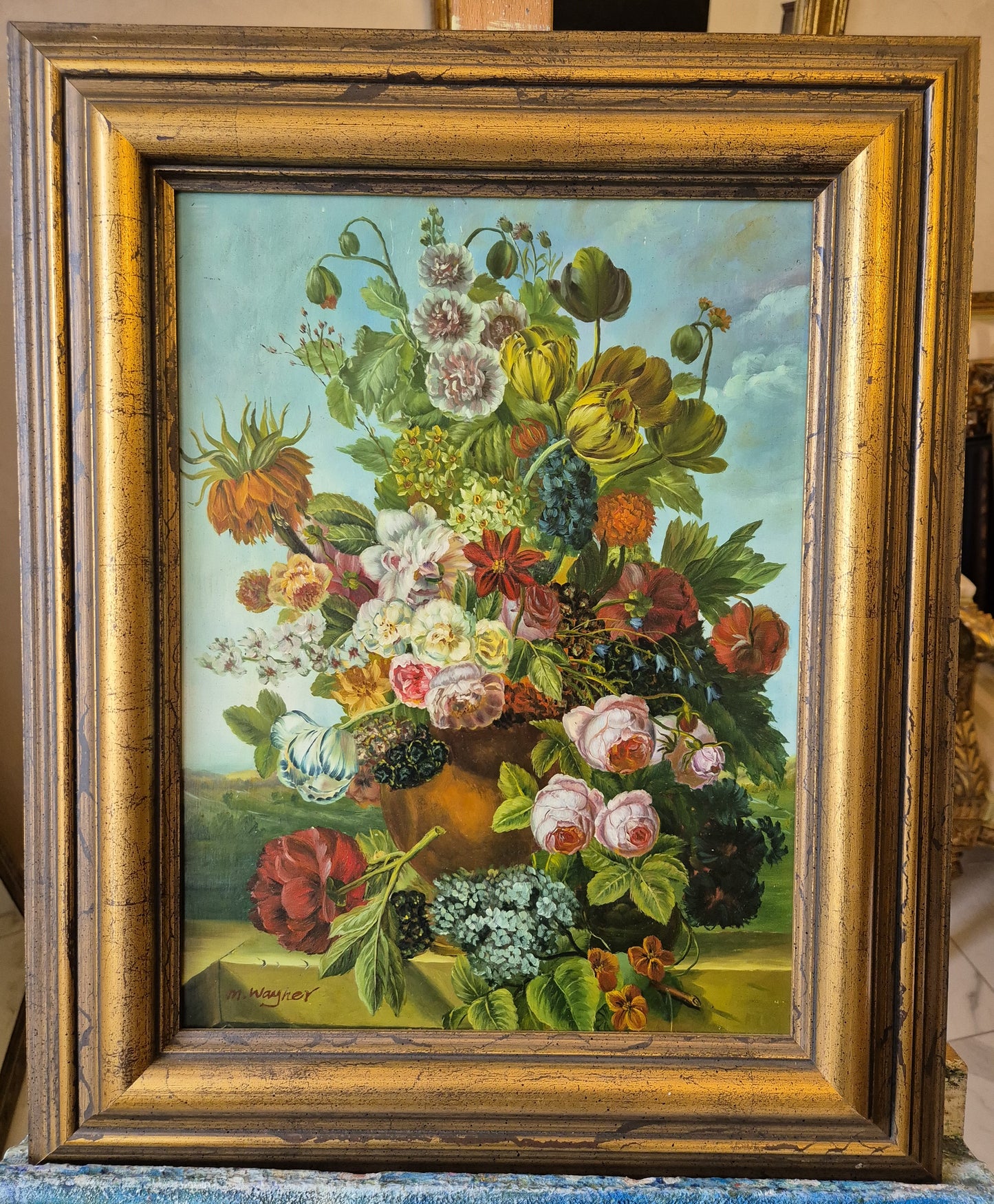 Gemälde Stillleben Blumen Blumenstrauß Handsigniert M. Wagner (XX) 55x45