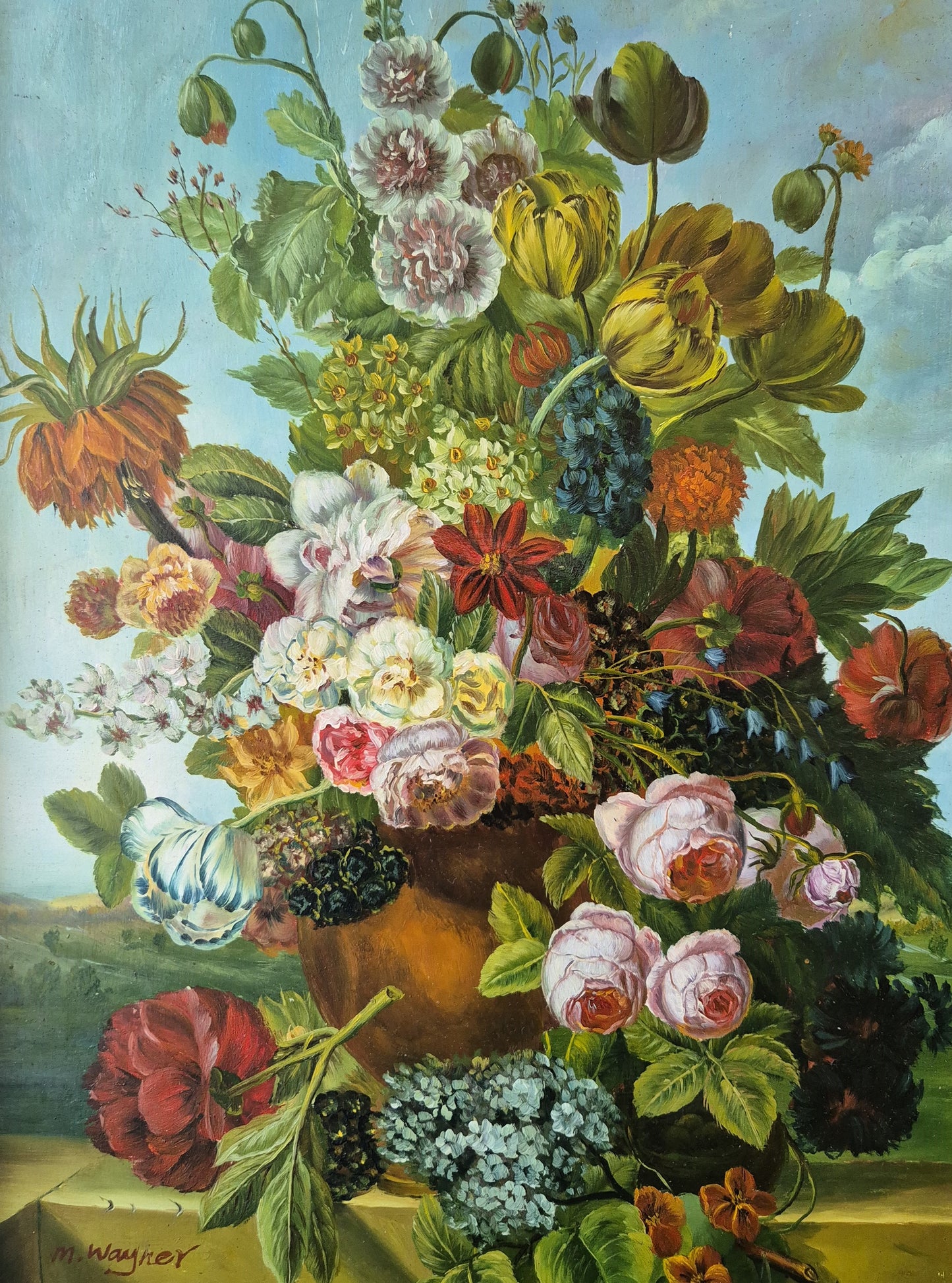 Gemälde Stillleben Blumen Blumenstrauß Handsigniert M. Wagner (XX) 55x45