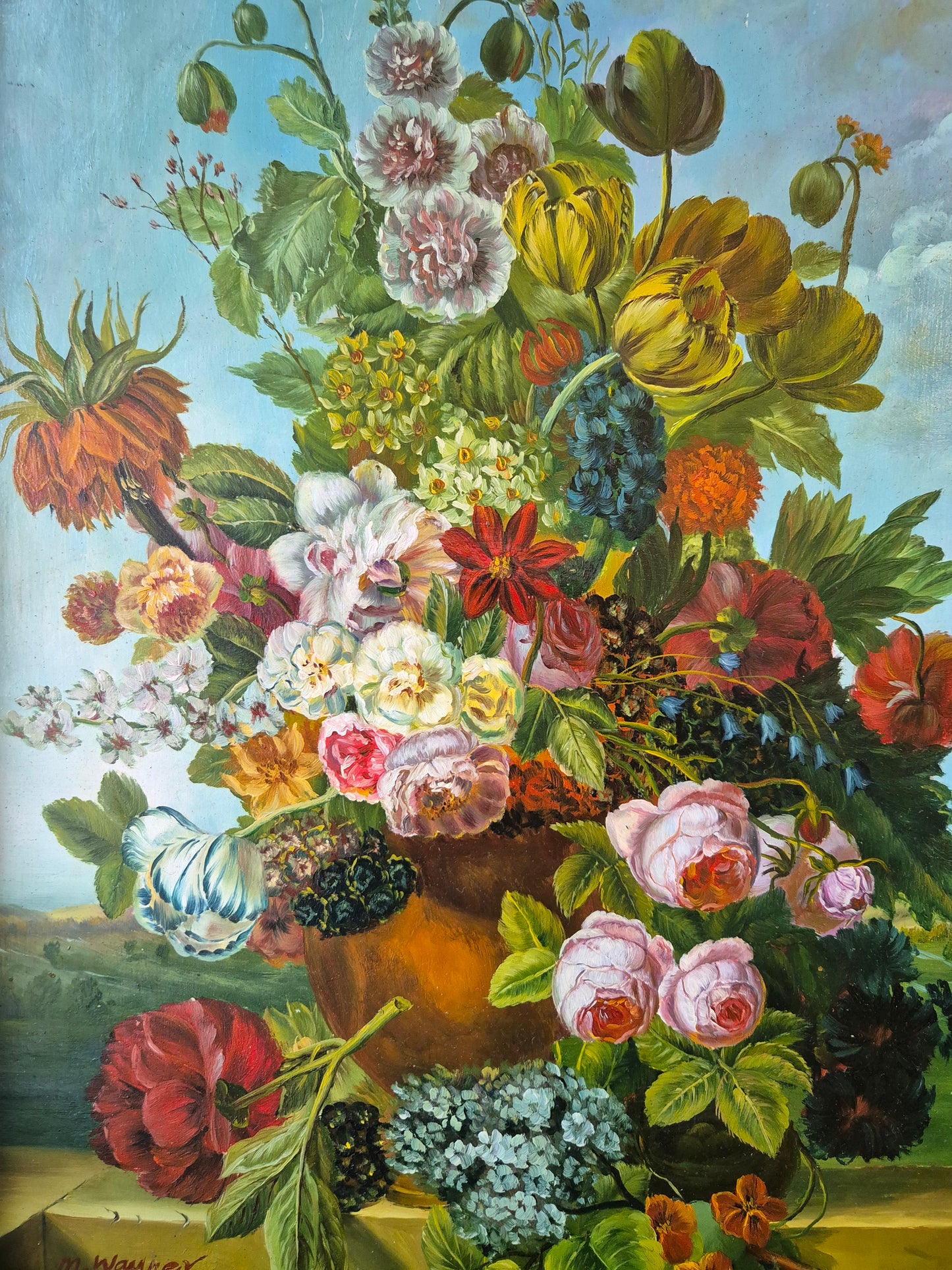 Gemälde Stillleben Blumen Blumenstrauß Handsigniert M. Wagner (XX) 55x45