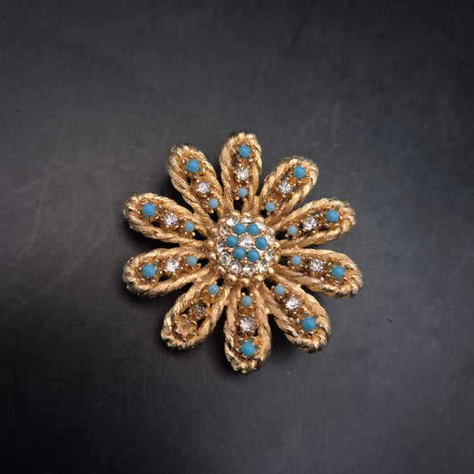 Auffällige Blumen Brosche – Goldton mit Türkis- und Strassakzenten