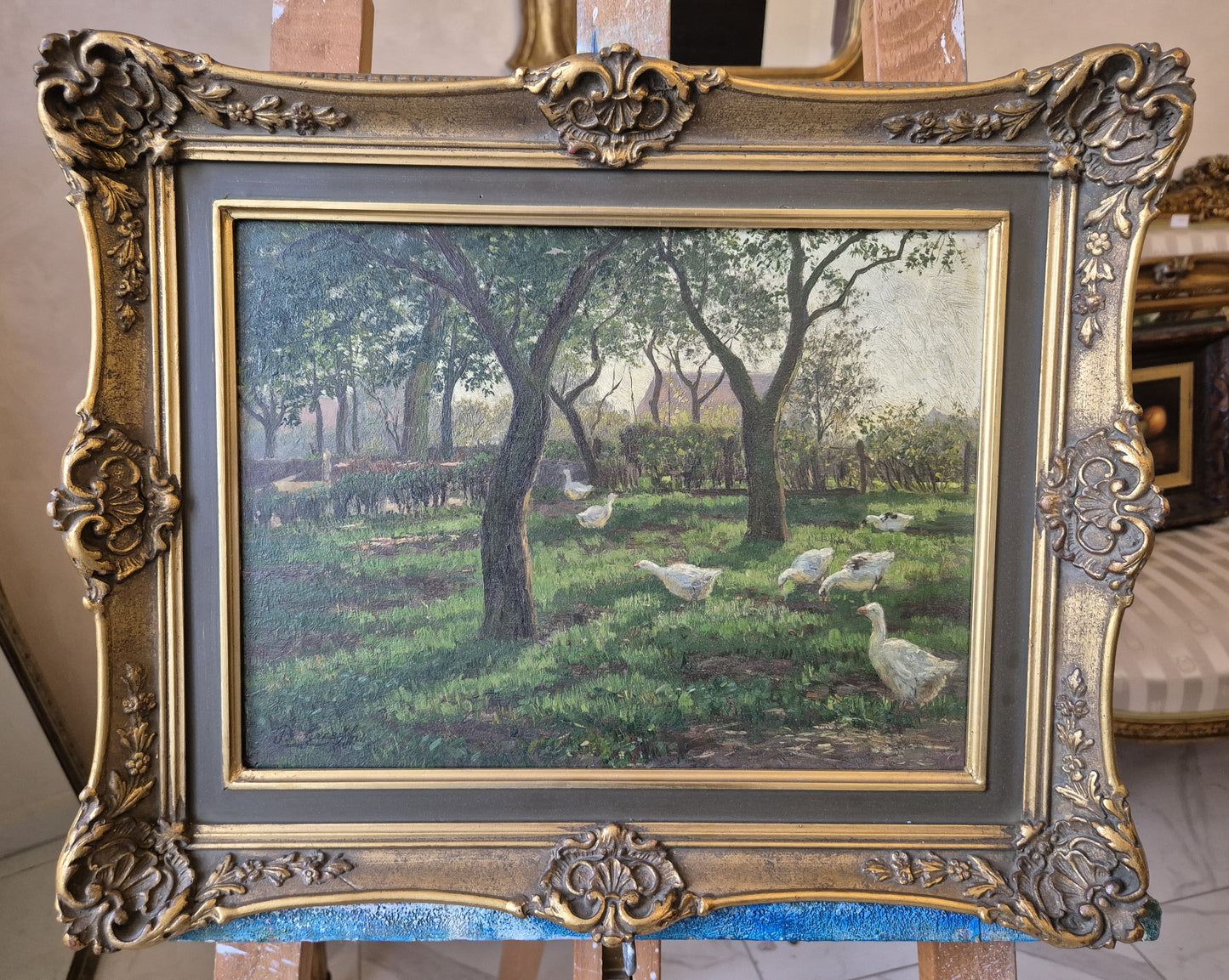 Gemälde Landschaft Antik Gänse Bauernhof Peter Greeff (1865-1939) 38x48cm